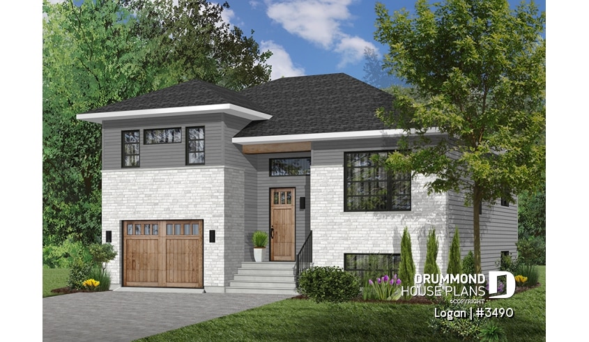 Color version 1 - Front - Contemporary 3 bedroom Split-level house plan, kitchen with large kitchen island and a garage - Logan