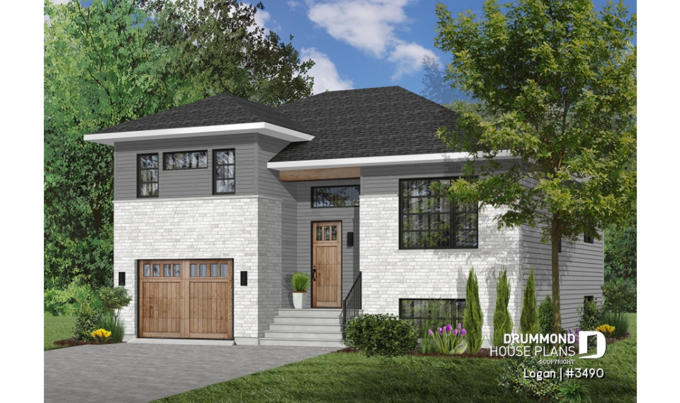Color version 1 - Front - Contemporary 3 bedroom Split-level house plan, kitchen with large kitchen island and a garage - Logan