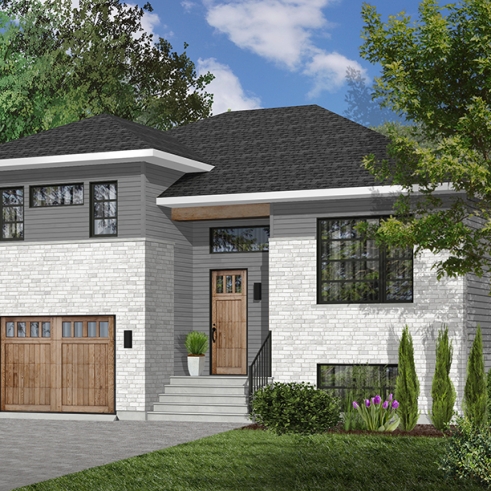 Color version 1 - Front - Contemporary 3 bedroom Split-level house plan, kitchen with large kitchen island and a garage - Logan