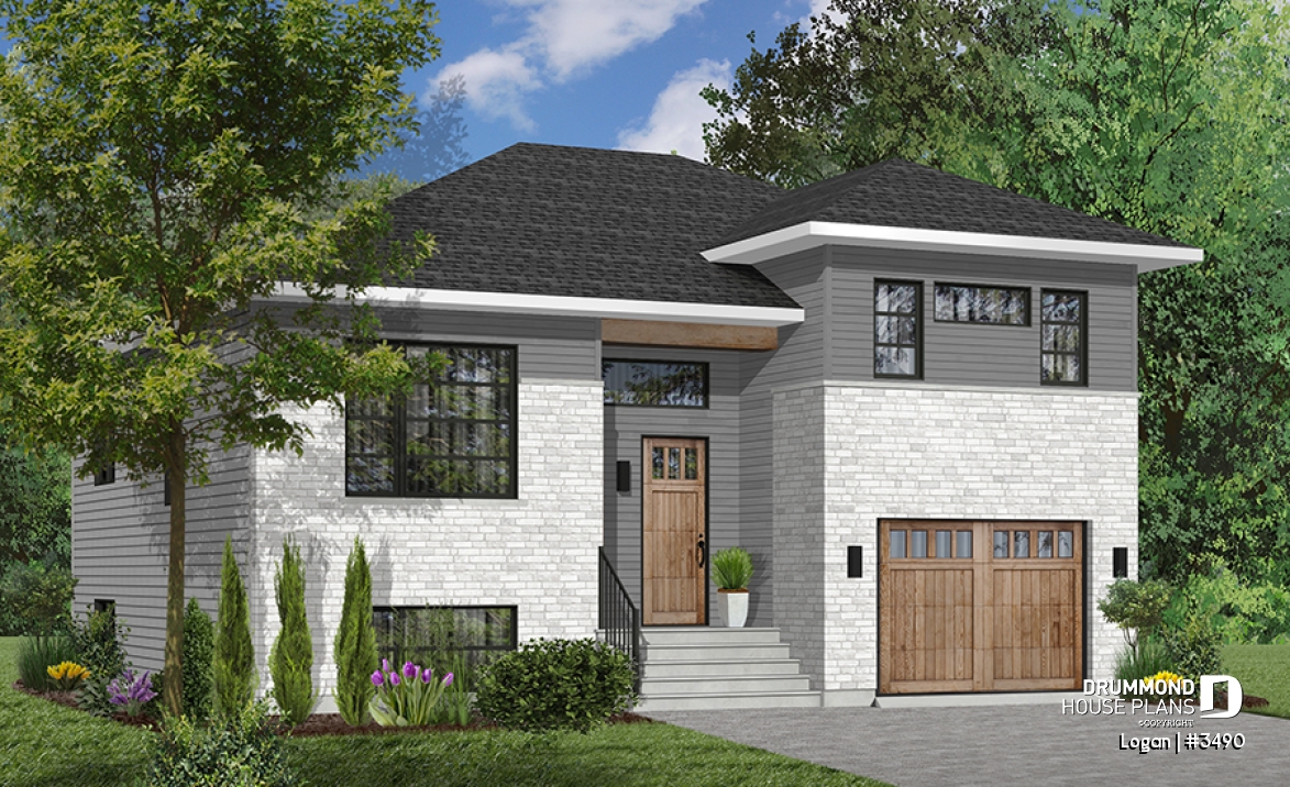 Color version 1 - Front - Contemporary 3 bedroom Split-level house plan, kitchen with large kitchen island and a garage - Logan