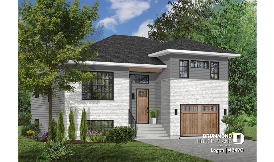 Color version 1 - Front - Contemporary 3 bedroom Split-level house plan, kitchen with large kitchen island and a garage - Logan