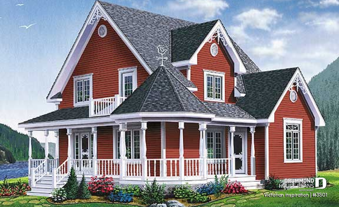 front - BASE MODEL - Country style two-story home plan, 3 bedrooms, great porch, laundry room on main floor - Victorian inspiration