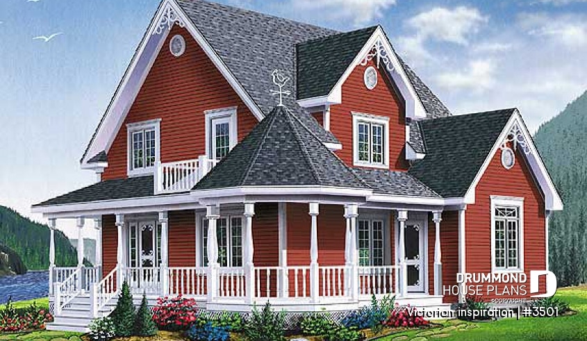 front - BASE MODEL - Country style two-story home plan, 3 bedrooms, great porch, laundry room on main floor - Victorian inspiration