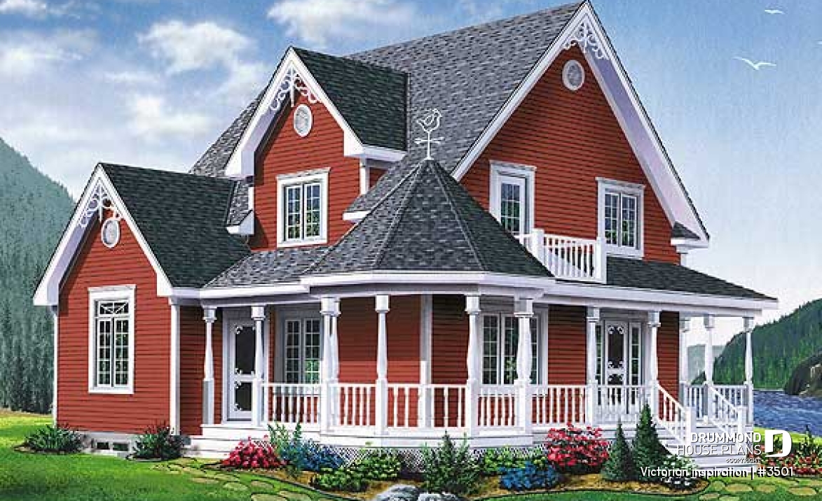 front - BASE MODEL - Country style two-story home plan, 3 bedrooms, great porch, laundry room on main floor - Victorian inspiration