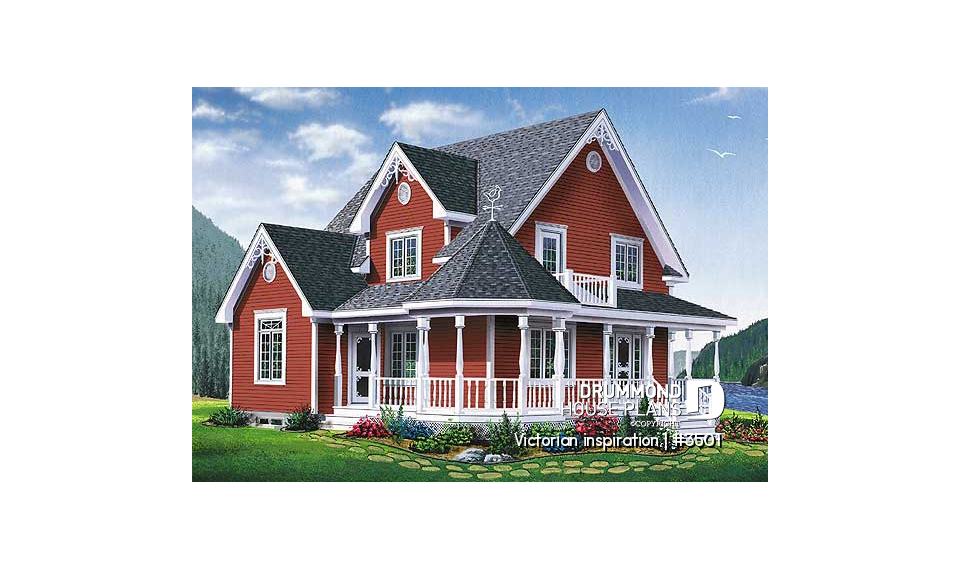 front - BASE MODEL - Country style two-story home plan, 3 bedrooms, great porch, laundry room on main floor - Victorian inspiration