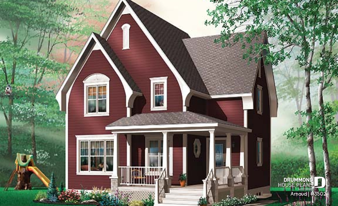 front - BASE MODEL - 2 bedroom Tudor house plan, open floor plan concept, covered front balcony, reading room in second floor - Arnaud
