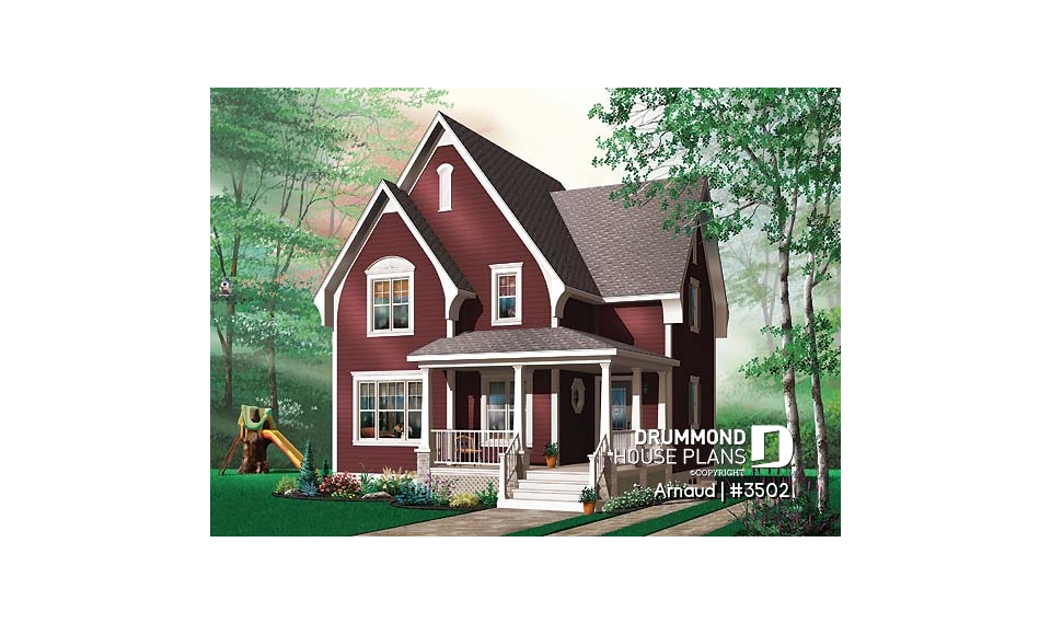 front - BASE MODEL - 2 bedroom Tudor house plan, open floor plan concept, covered front balcony, reading room in second floor - Arnaud