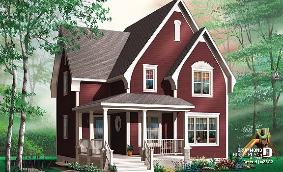 front - BASE MODEL - 2 bedroom Tudor house plan, open floor plan concept, covered front balcony, reading room in second floor - Arnaud