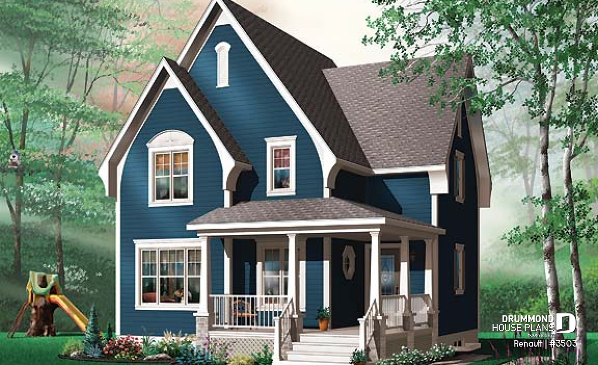 Color version 1 - Front - Tudor home plan with open floor plan concept, budget-friendly 3 bedroom house plan - Renault