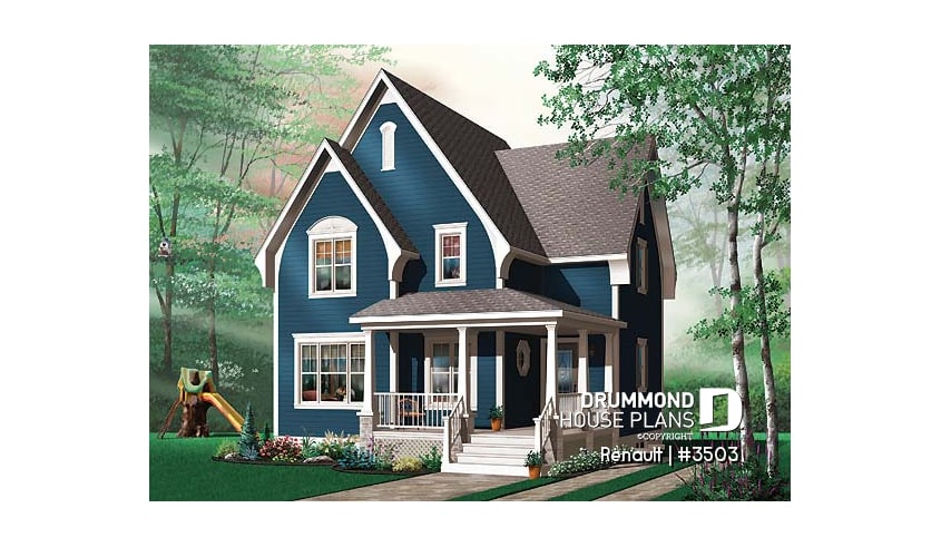 Color version 1 - Front - Tudor home plan with open floor plan concept, budget-friendly 3 bedroom house plan - Renault
