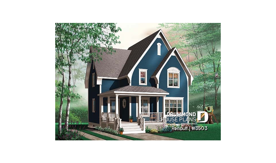 Color version 1 - Front - Tudor home plan with open floor plan concept, budget-friendly 3 bedroom house plan - Renault