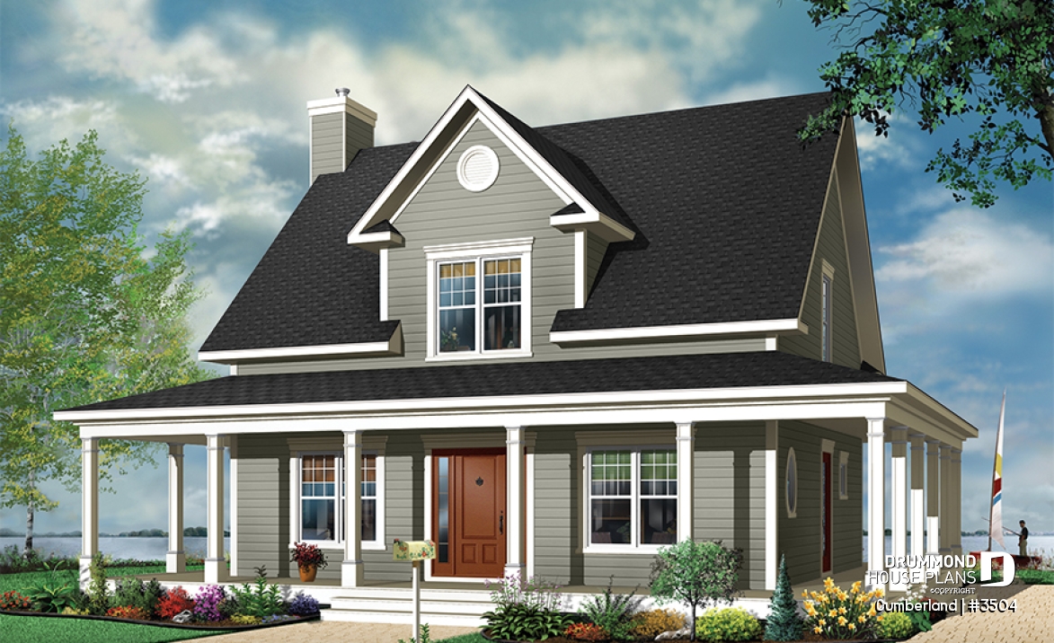 Color version 1 - Front - Lakefront country farmhouse cottage house plan, wraparound porch, great floor plan &amp; double sided fireplace - Cumberland