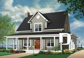Color version 1 - Front - Lakefront country farmhouse cottage house plan, wraparound porch, great floor plan & double sided fireplace - Cumberland