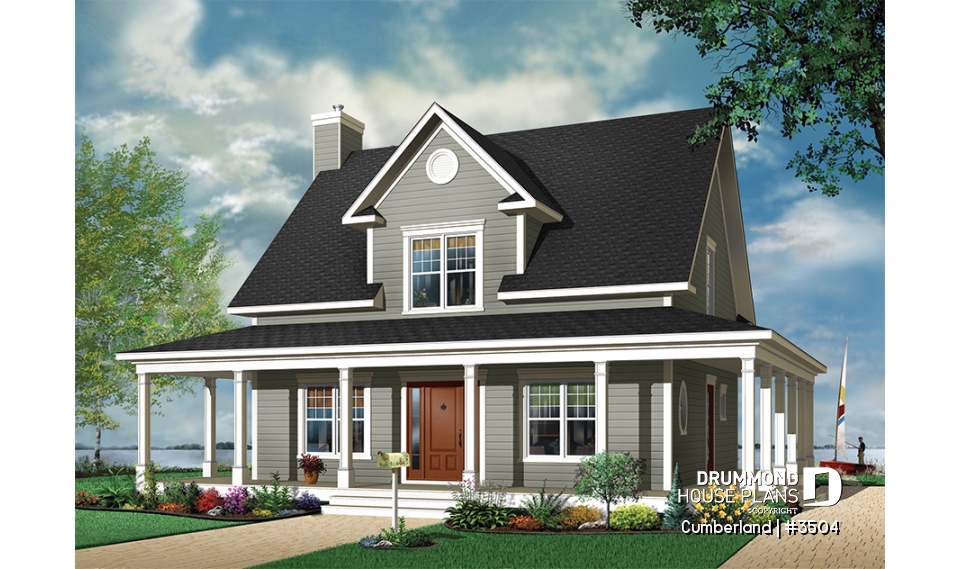 Color version 1 - Front - Lakefront country farmhouse cottage house plan, wraparound porch, great floor plan &amp; double sided fireplace - Cumberland