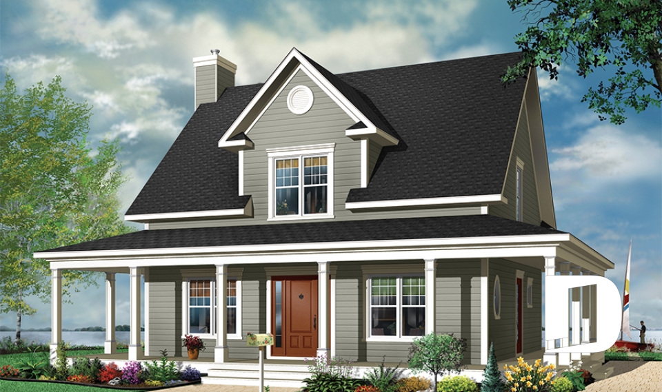 Color version 1 - Front - Lakefront country farmhouse cottage house plan, wraparound porch, great floor plan &amp; double sided fireplace - Cumberland