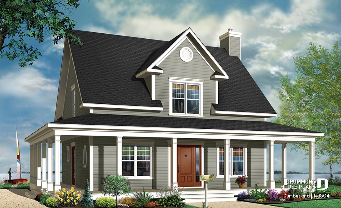 Color version 1 - Front - Lakefront country farmhouse cottage house plan, wraparound porch, great floor plan &amp; double sided fireplace - Cumberland
