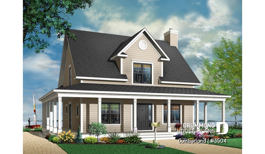 Color version 7 - Front - Lakefront country farmhouse cottage house plan, wraparound porch, great floor plan & double sided fireplace - Cumberland