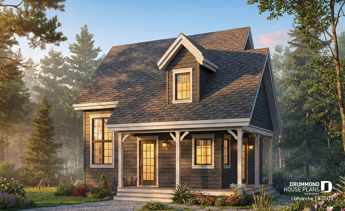 front - BASE MODEL - Small country house plan with wraparound porch on two sides, 2 bedrooms, abundant windows and fireplace - Lamarche