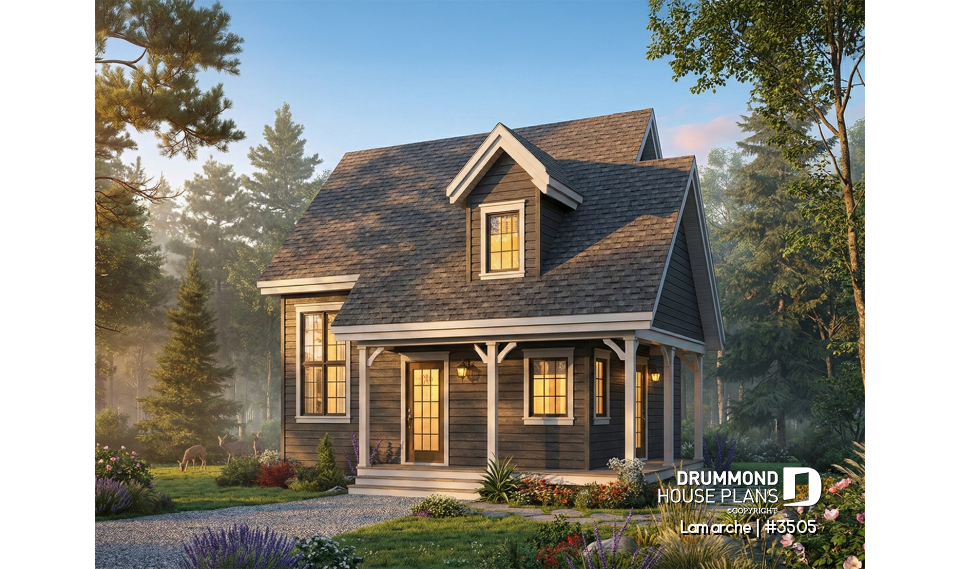 front - BASE MODEL - Small country house plan with wraparound porch on two sides, 2 bedrooms, abundant windows and fireplace - Lamarche