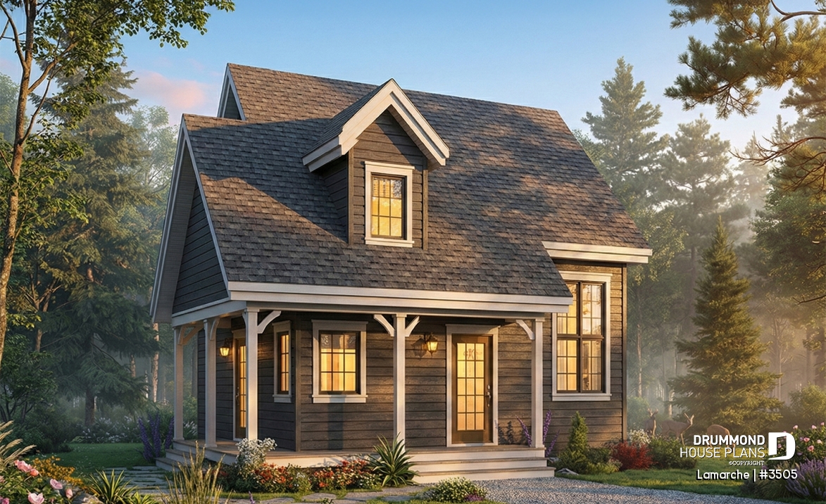front - BASE MODEL - Small country house plan with wraparound porch on two sides, 2 bedrooms, abundant windows and fireplace - Lamarche