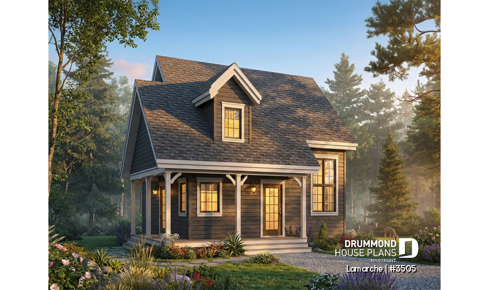 front - BASE MODEL - Small country house plan with wraparound porch on two sides, 2 bedrooms, abundant windows and fireplace - Lamarche