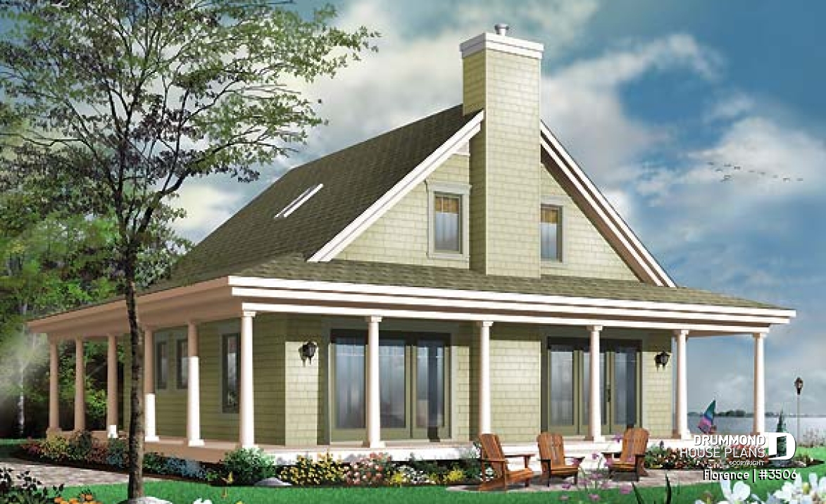 Rear view - BASE MODEL - Country cottage with wrap around porch, open floor plan, centralized fireplace - Florence