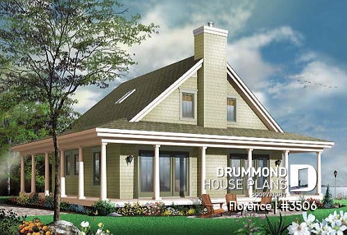 Rear view - BASE MODEL - Country cottage with wrap around porch, open floor plan, centralized fireplace - Florence