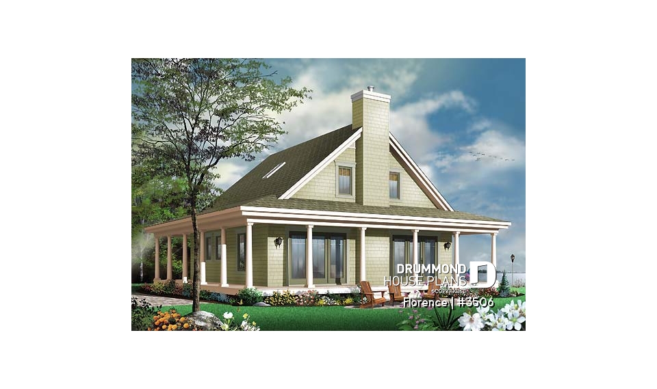 Rear view - BASE MODEL - Country cottage with wrap around porch, open floor plan, centralized fireplace - Florence
