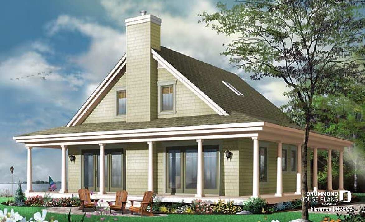 Rear view - BASE MODEL - Country cottage with wrap around porch, open floor plan, centralized fireplace - Florence