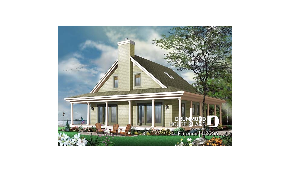 Rear view - BASE MODEL - Country cottage with wrap around porch, open floor plan, centralized fireplace - Florence