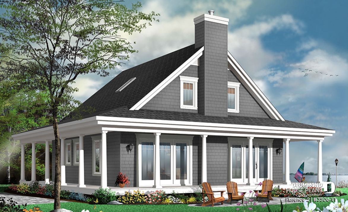 Rear view - BASE MODEL - Lakefront Rustic Country cottage house plan, 4 bedrooms, 3.5 bathrooms, 2 master suites, fireplace, pantry - Florence 2