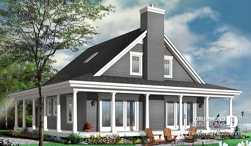 Rear view - BASE MODEL - Lakefront Rustic Country cottage house plan, 4 bedrooms, 3.5 bathrooms, 2 master suites, fireplace, pantry - Florence 2