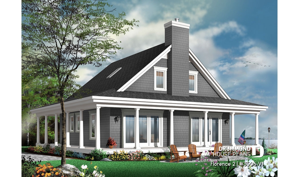 Rear view - BASE MODEL - Lakefront Rustic Country cottage house plan, 4 bedrooms, 3.5 bathrooms, 2 master suites, fireplace, pantry - Florence 2