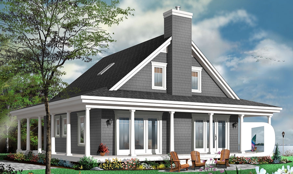 Rear view - BASE MODEL - Lakefront Rustic Country cottage house plan, 4 bedrooms, 3.5 bathrooms, 2 master suites, fireplace, pantry - Florence 2