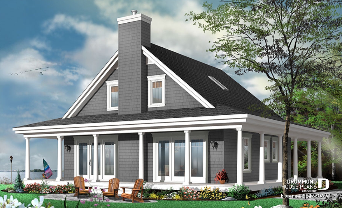 Rear view - BASE MODEL - Lakefront Rustic Country cottage house plan, 4 bedrooms, 3.5 bathrooms, 2 master suites, fireplace, pantry - Florence 2