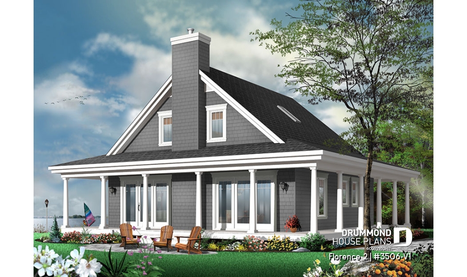Rear view - BASE MODEL - Lakefront Rustic Country cottage house plan, 4 bedrooms, 3.5 bathrooms, 2 master suites, fireplace, pantry - Florence 2