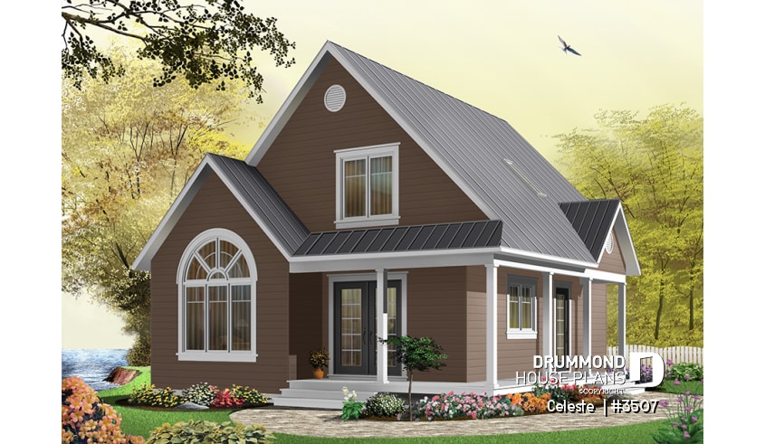 front - BASE MODEL - Affordable country cottage house plan, 2 to 3 bedrooms or home office, mezzanine, covered balcony - Celeste 