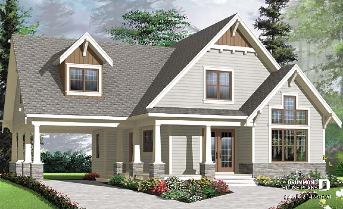 front - BASE MODEL - 2 to 4  bedroom country cottage house plan, carport, 2 living rooms, mezzanine, unfinished bonus room - Celeste 2