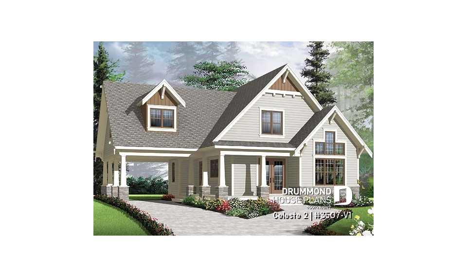 front - BASE MODEL - 2 to 4  bedroom country cottage house plan, carport, 2 living rooms, mezzanine, unfinished bonus room - Celeste 2