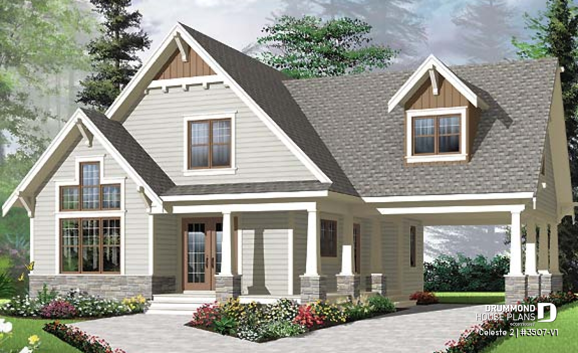 front - BASE MODEL - 2 to 4  bedroom country cottage house plan, carport, 2 living rooms, mezzanine, unfinished bonus room - Celeste 2