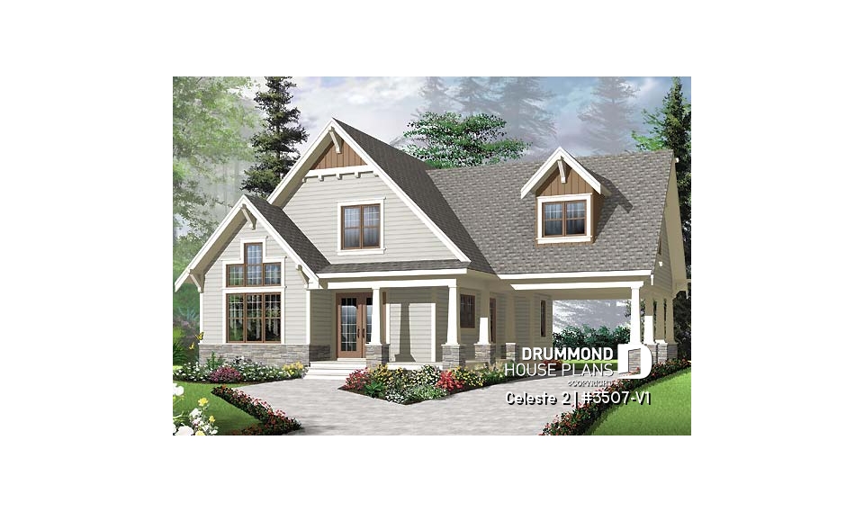 front - BASE MODEL - 2 to 4  bedroom country cottage house plan, carport, 2 living rooms, mezzanine, unfinished bonus room - Celeste 2