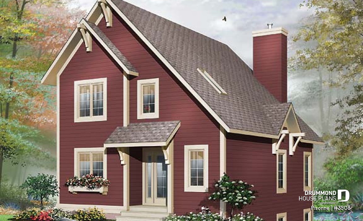front - BASE MODEL - Modern country cottage house plan, 3 bedrooms, 2 bathrooms, open space, generous windows at rear, fireplace - Pisonne