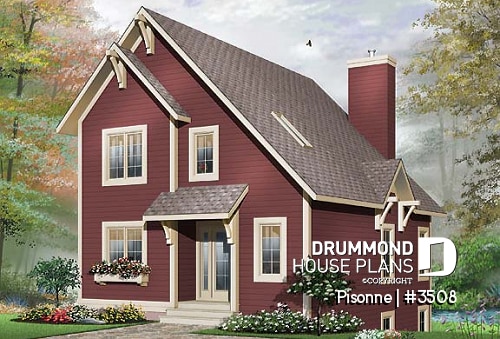front - BASE MODEL - Modern country cottage house plan, 3 bedrooms, 2 bathrooms, open space, generous windows at rear, fireplace - Pisonne