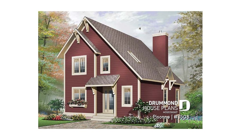 front - BASE MODEL - Modern country cottage house plan, 3 bedrooms, 2 bathrooms, open space, generous windows at rear, fireplace - Pisonne
