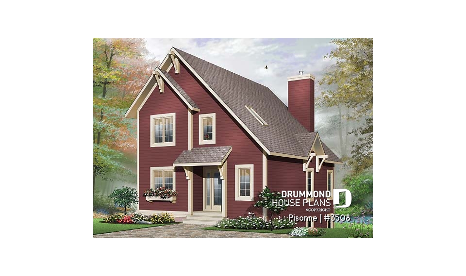 front - BASE MODEL - Modern country cottage house plan, 3 bedrooms, 2 bathrooms, open space, generous windows at rear, fireplace - Pisonne