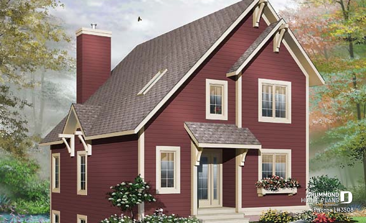 front - BASE MODEL - Modern country cottage house plan, 3 bedrooms, 2 bathrooms, open space, generous windows at rear, fireplace - Pisonne