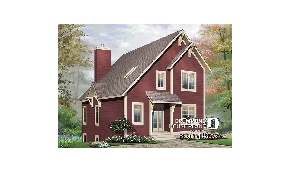front - BASE MODEL - Modern country cottage house plan, 3 bedrooms, 2 bathrooms, open space, generous windows at rear, fireplace - Pisonne