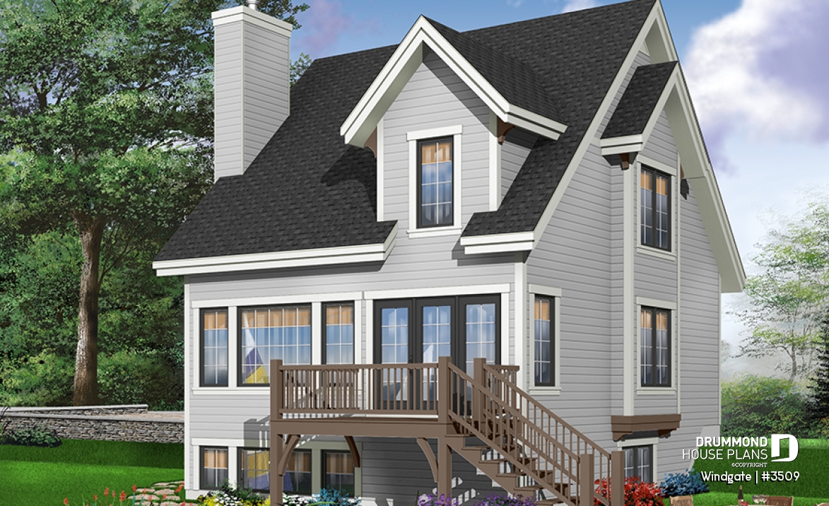 Color version 1 - Rear - Affordable country house plan, 3 bedrooms, open space, fireplace, panoramic view - Windgate