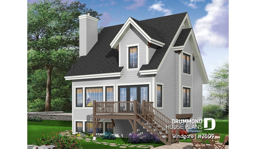 Color version 1 - Rear - Affordable country house plan, 3 bedrooms, open space, fireplace, panoramic view - Windgate