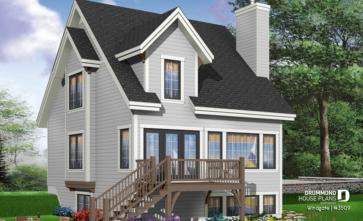 Color version 1 - Rear - Affordable country house plan, 3 bedrooms, open space, fireplace, panoramic view - Windgate
